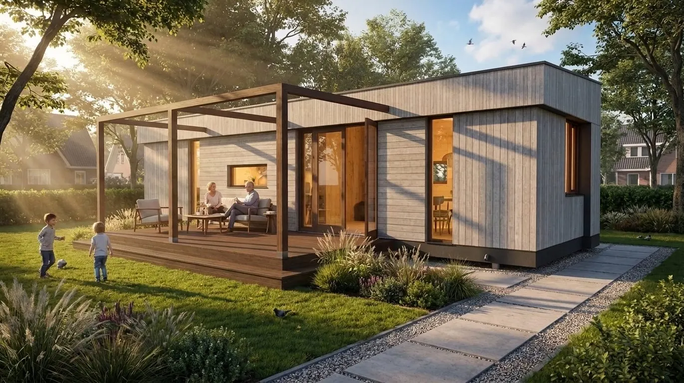 Een eigen woning op het erf voor familie, met grootouders op het terras en kleinkinderen op het gras