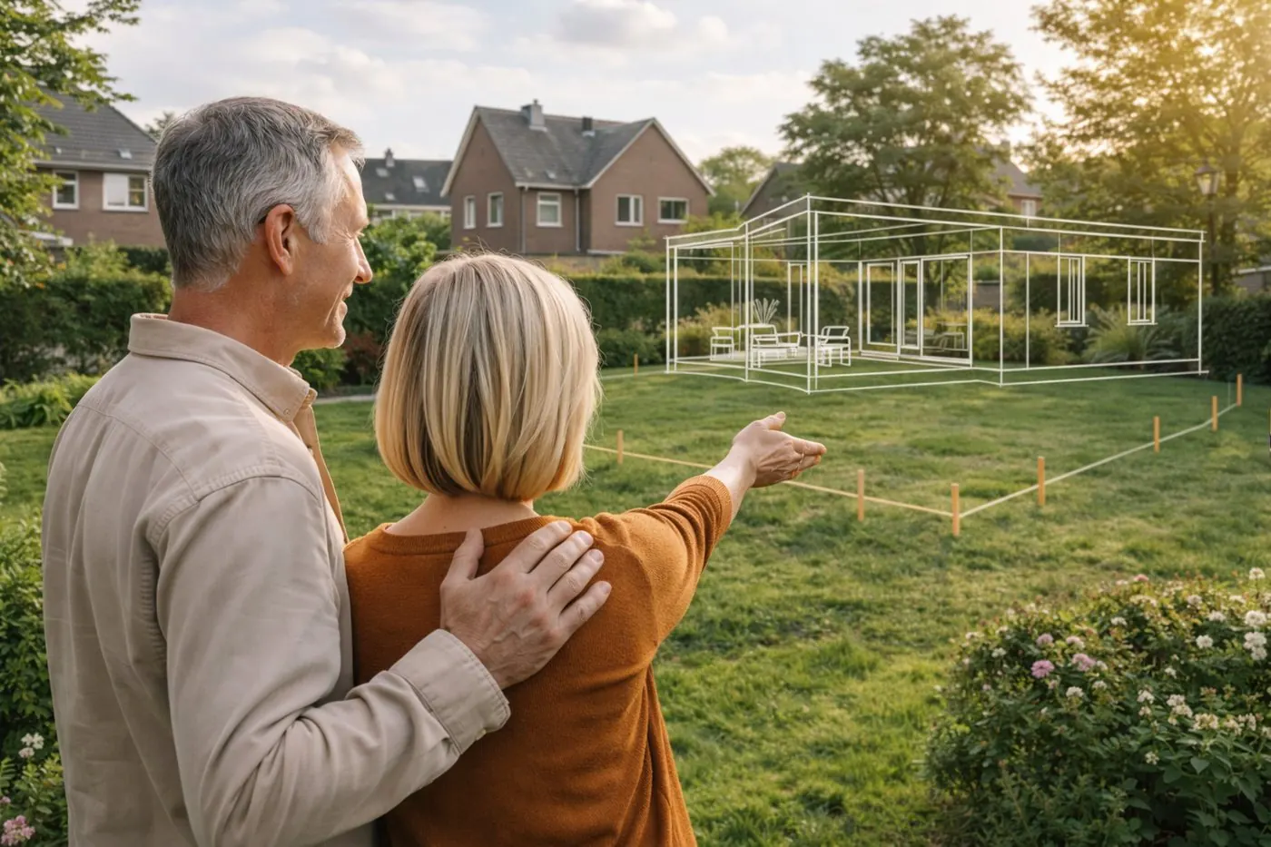 Ein Paar steht im Garten und zeigt auf die Stelle, an der das Haus stehen kann