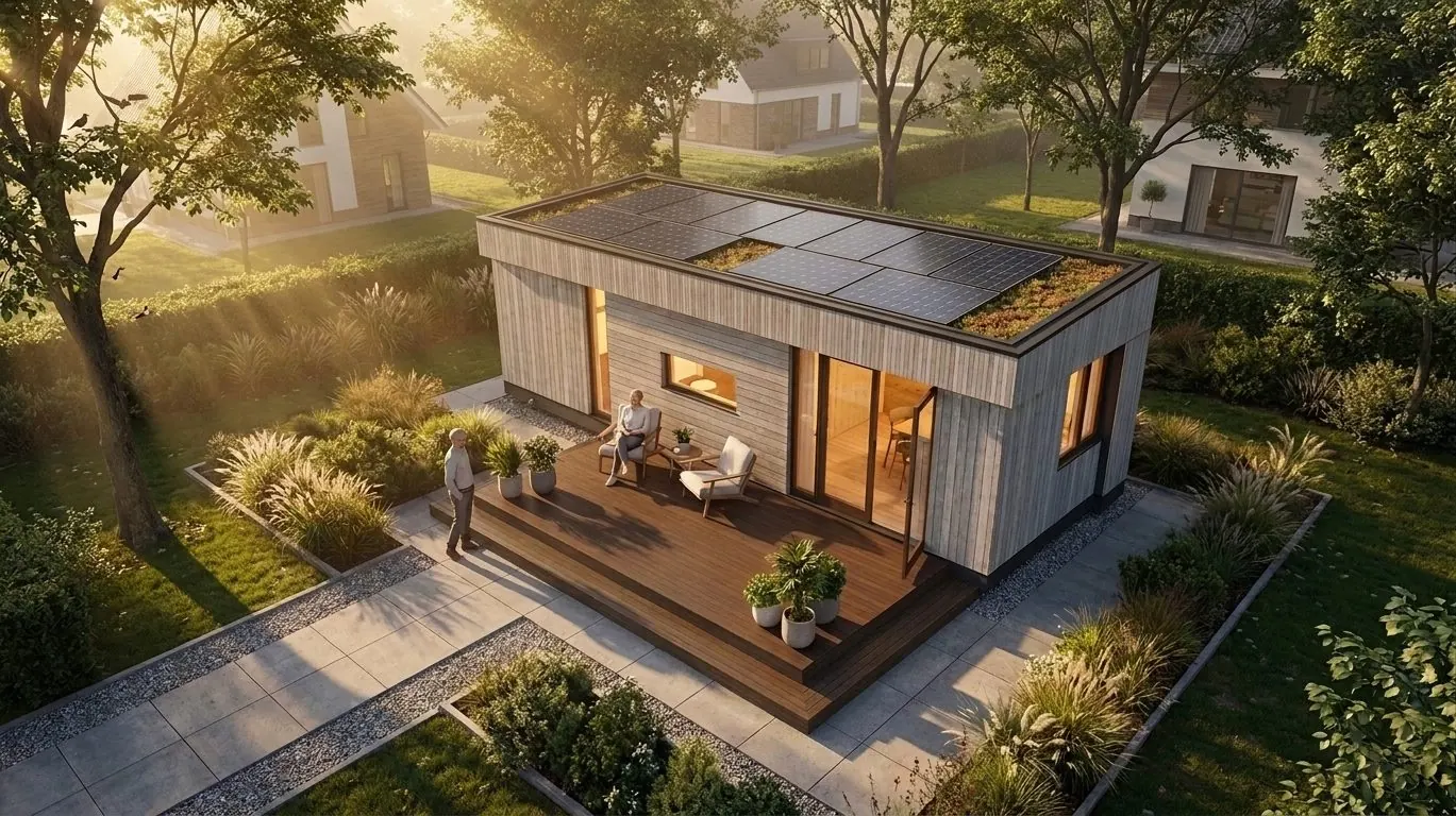 Aventura-woning met pergola vanuit de lucht, als alternatief voor een aanbouw